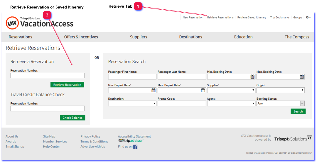 VAX - Retrieve Reservation or Saved Itinerary